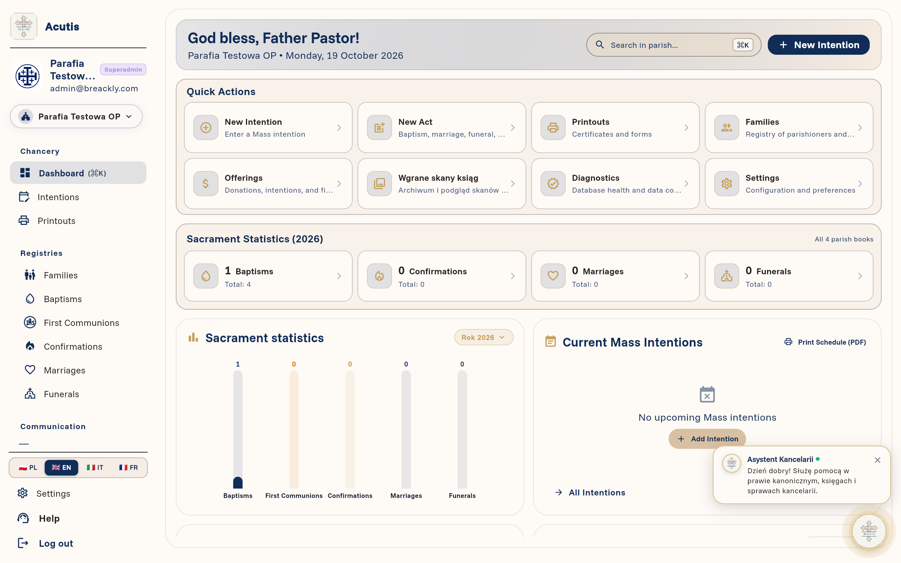 Acutis Parish Office Management Dashboard in English