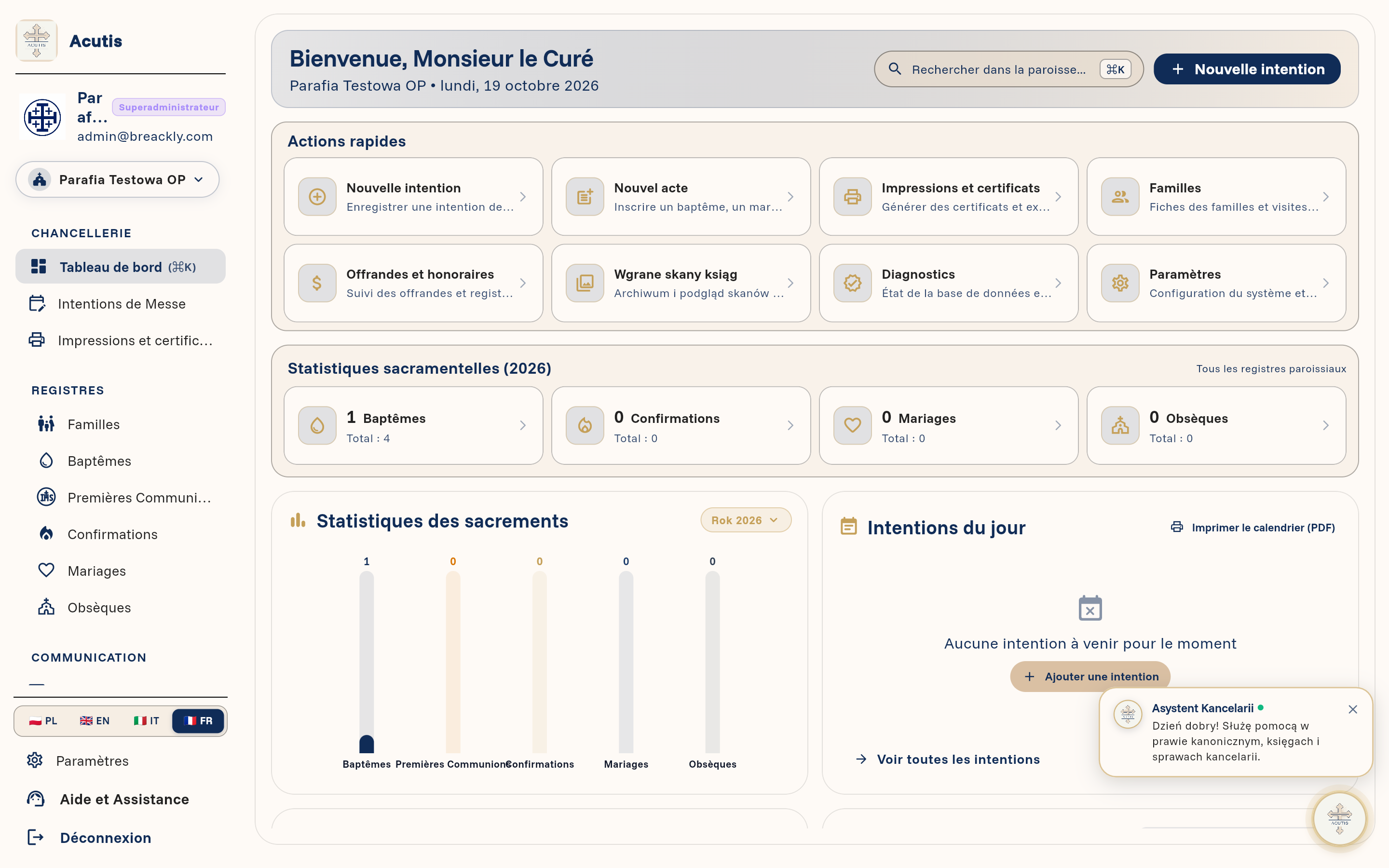 Tableau de bord de gestion paroissiale Acutis en français